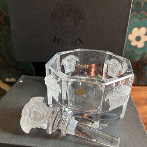 Versace Rosenthal Medusa Lumiere Crystal Wine Stopper and Bottle Coaster Set